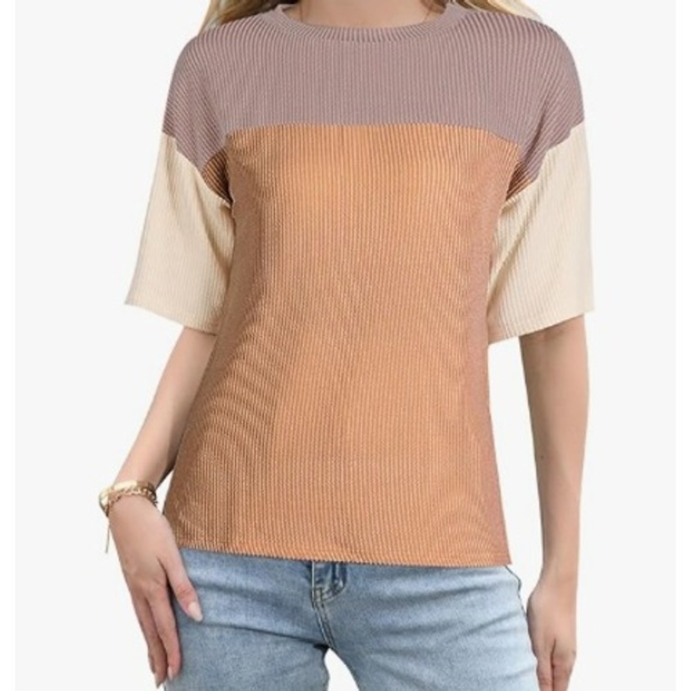 ETSOSELL Short Sleeve Crewneck SM T Shirt Khaki Color Block‎ Casual Tunic